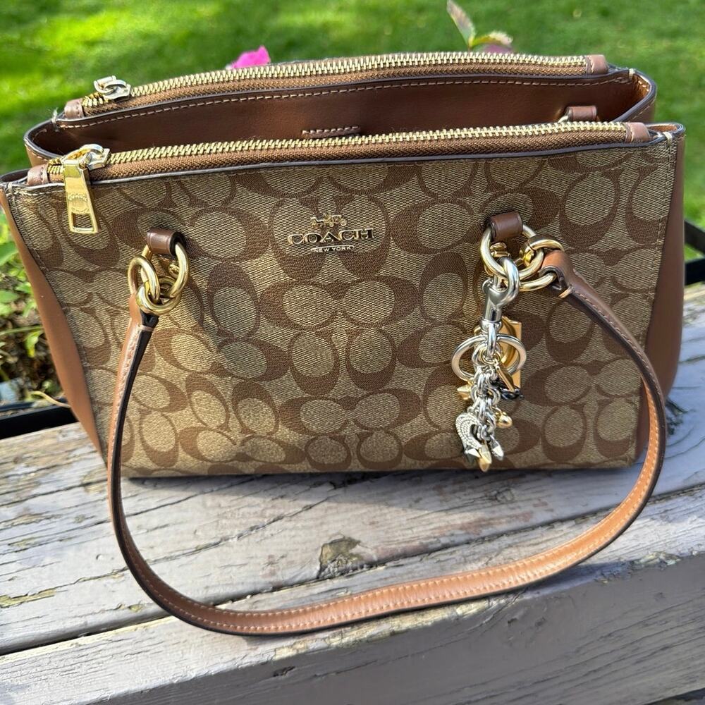Coach F77881 Brown Signature Monogram Satchel Leather Trim Gold Hardware Charm
